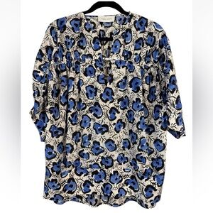 Christian Wijnants White Blue Floral Blouse Silk Size 36 V-Neck Top Shirt